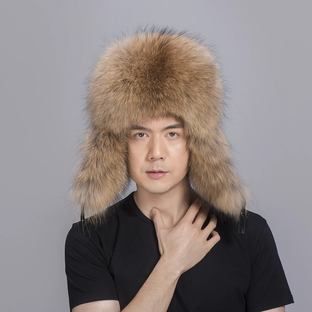 MWFur Hunting Russian Raccoon Fur Hat for Men Fashion Fur Season Thick Fur Trimmed Sheep Leather Trapper Ear Flap Cap