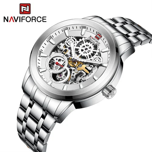 NAVIFORCE 1002 SW Stainless Steel Waterproof Watch Men Mechanical Watches Gold Bracelet Transparent Mechanical Sport Male Wrist