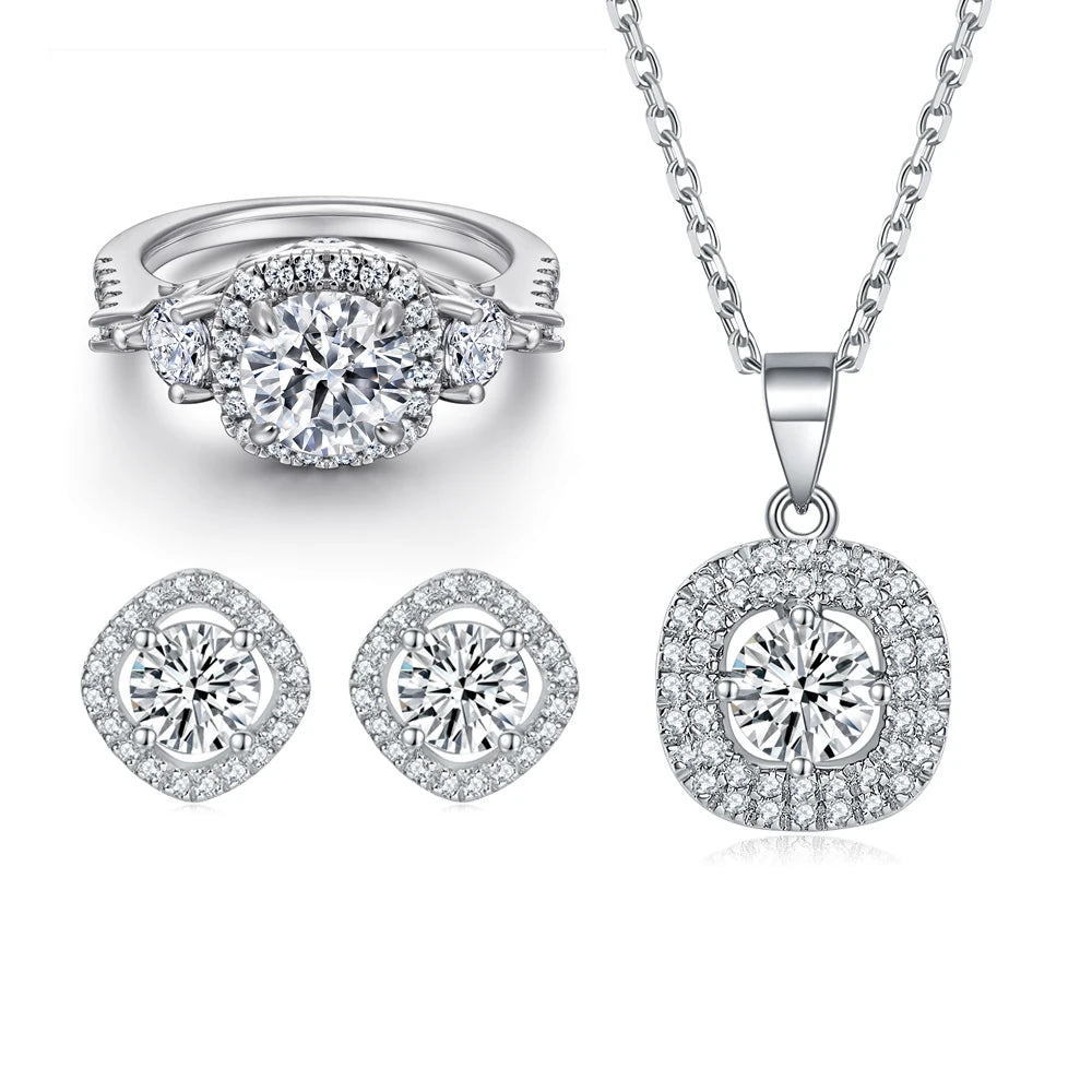Sun Star Factory Direct Sale Jewellery Sets Square Round Zircon 925 Sterling Silver Bridal Jewelry Set