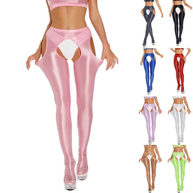 King Mcgreen Star Women Sexy Leggings Hollow Glossy Sheer Stretchy Open Crotch Skinny Dance Pants Open-End Temptation Uniform