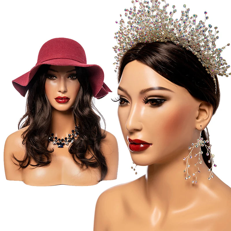 JOJO-E Luxurious Beauty Bald Head With Shoulders Realistic African Skin Tone Jewelry Display Mannequin Head