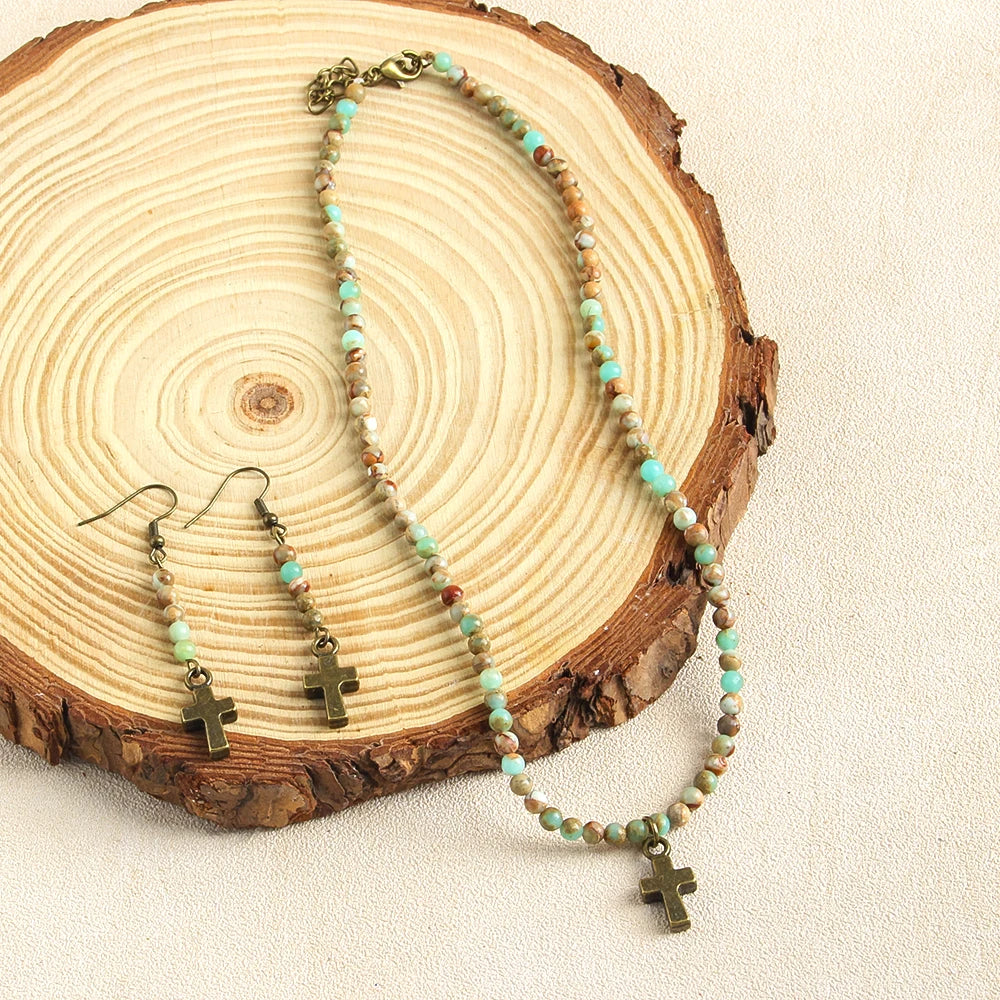 New Boho Retro Style Trend Jewelry 4mm Agalmatolite Beaded Necklace Choker Cross Peace Pendant Agalmatolite Earring Jewelry Set