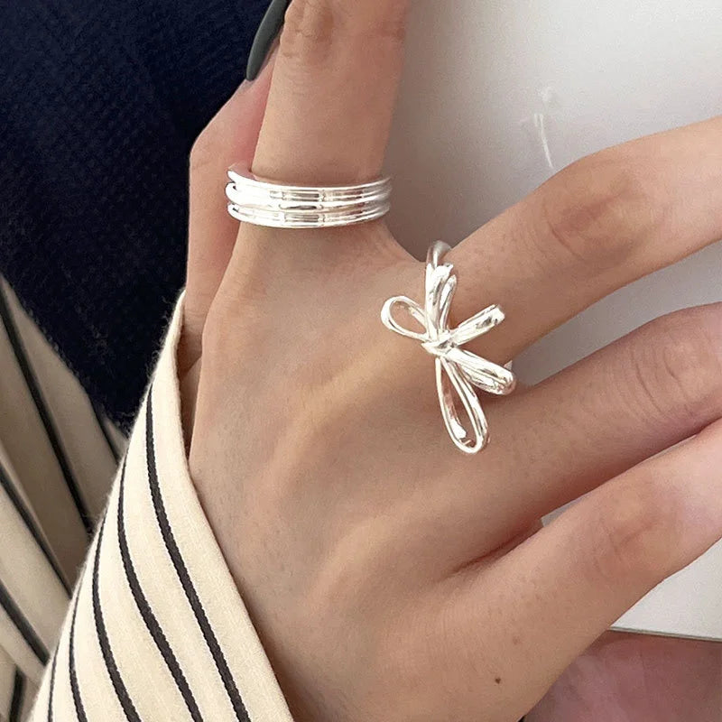 Statement Ribbon Ring in 925 Sterling Silver Adjustable Ladies Ring Ribbon Bow Ring Perfect Gift for Her