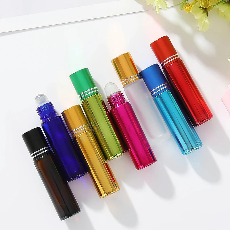 Portable 10ml Colorful Glass Roll on Bottles for Perfume Essential Oil with Stainless Steel Ball