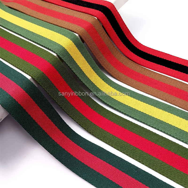 High Quality Intercolored Striped Jacquard Webbing 50mm Green Red Ribbon Webbing 100% Polyester for Bag Strap Spot Wholesale