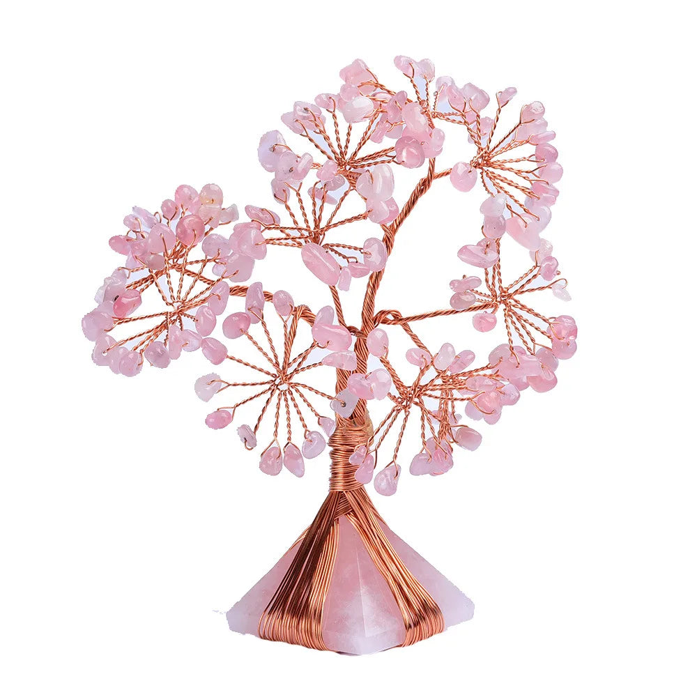 Natural Rose Quartz Pyramid Crystal Base Bonsai for Home Decoration Good Luck Spiritual Gift Money Tree Fengshui Products