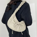 Pleated Strap Women's Sweet Bow Shoulder Bag Solid Color Female Underarm Bags Soft Nylon Ladies Portable Tote Purse Handbags