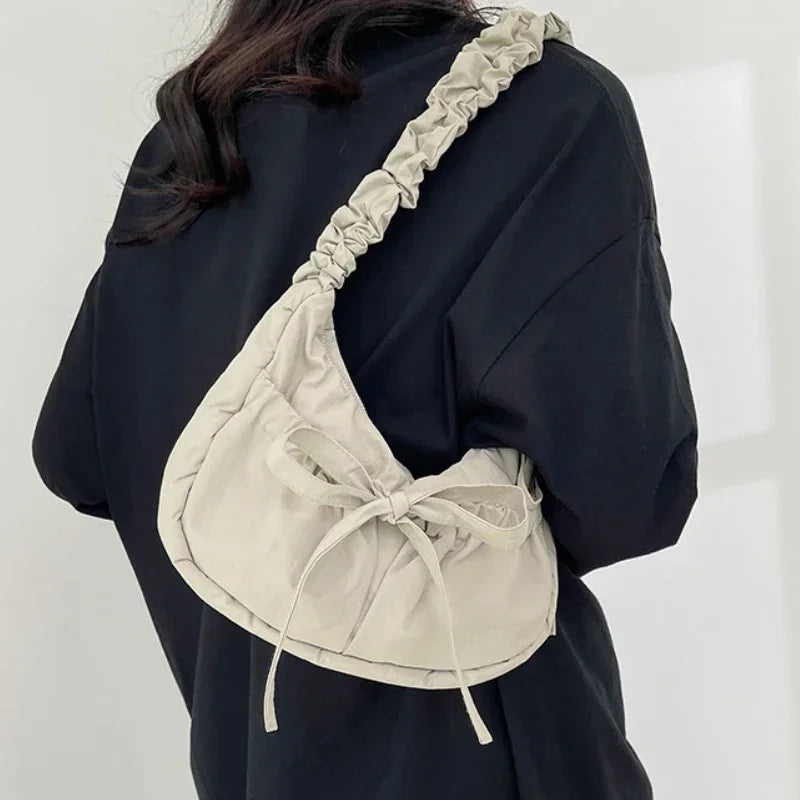 Pleated Strap Women's Sweet Bow Shoulder Bag Solid Color Female Underarm Bags Soft Nylon Ladies Portable Tote Purse Handbags