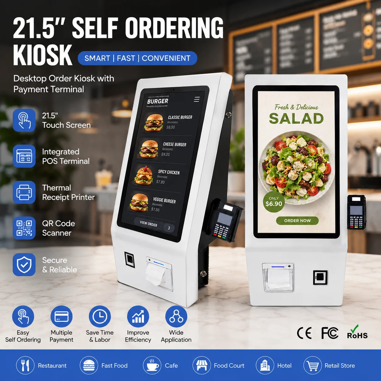 Desktop 21.5 Inch Order Kiosk Touch Screen Kiosk Self Ordering Payment Terminal Machine with POS Terminal