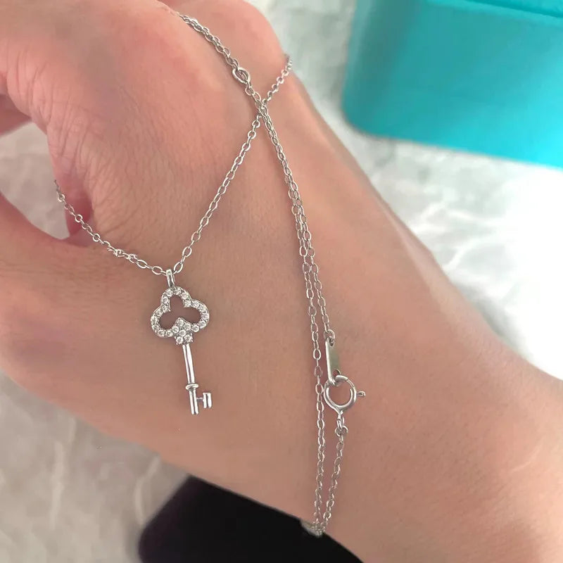 Women Valentine Jewelry Zircon 925 Sterling Silver Key Pendant Love Necklace
