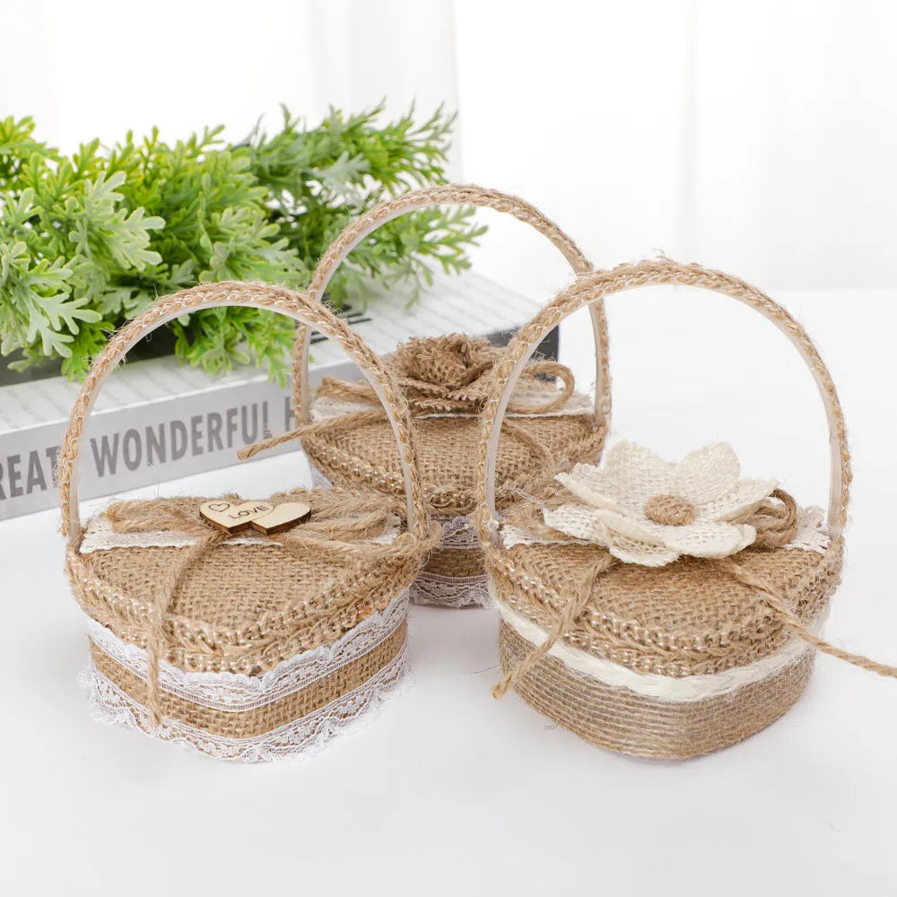 Flower Girl Basket With Satin Ribbon and Rhinestones Wedding Shower Ceremony Party Creative Wedding Ceremony Candy Box Gift Pack