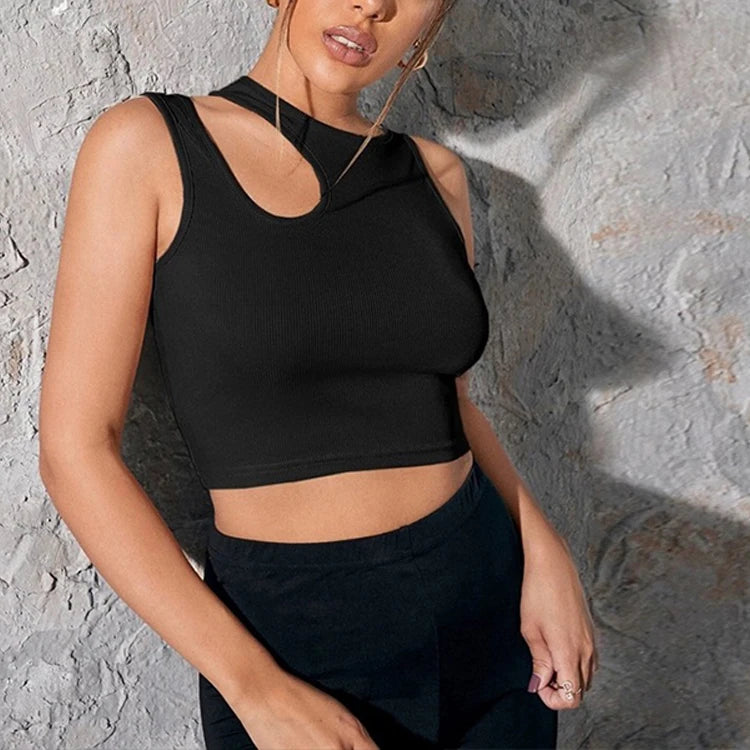 F230406 Factory Custom Women Crop Top Halter-Neck Shirt Hollow Sleeveless Ribbed Women Tank Tops Slim Fit Ribtank Tops for Women