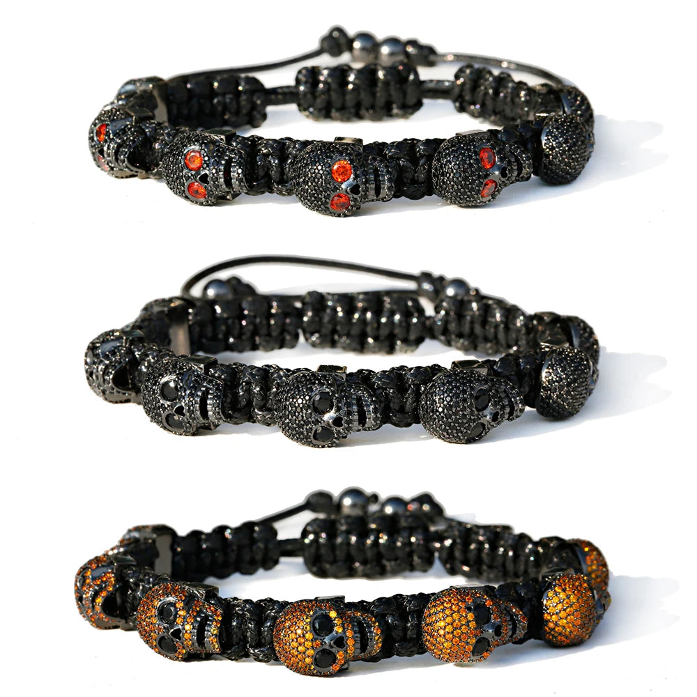 Wholesale Men's Metal Bracelet Cubic Zircon Skull Adjustable Braided Chain Rope Biker Gothic Bangle Colorful Punk Goth