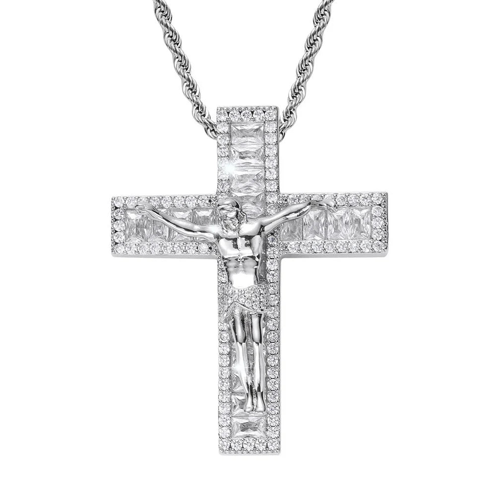 Hip Hop Jewelry Silver Plated Retro Jesus Cross Iced Out Diamond Religious Cross Pendant for Men Women Fine Charms Pendant