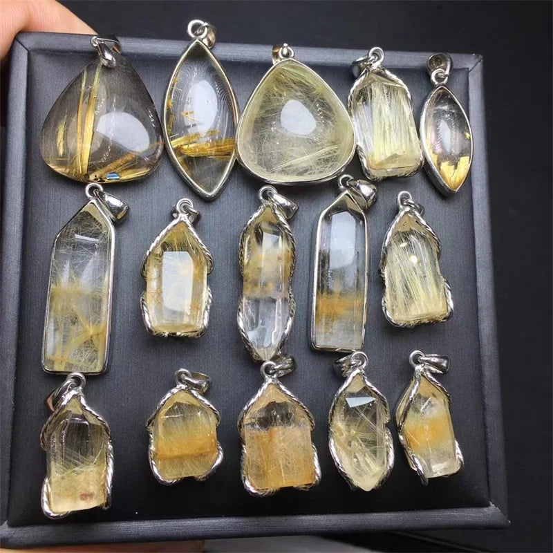 Fashion Sterling Silver Crystal Jewelry Gemstone Natural Rutiled Quartz Freeform Pendant for Gifts