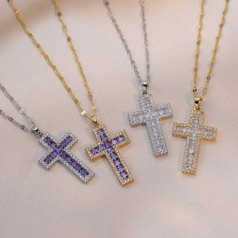 Titanium Stainless Steel Cross Necklace Gold Plated Religion Zircon Crystal Cross Jesus Charm Lip Chain Women Necklaces Jewelry