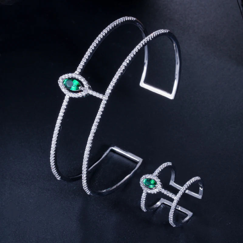 Generous Green Cubic Zirconia Silver Color Big Wide Cuff Open Bangles and Ring Set for Women Banquet Dress Jewelry Accessories
