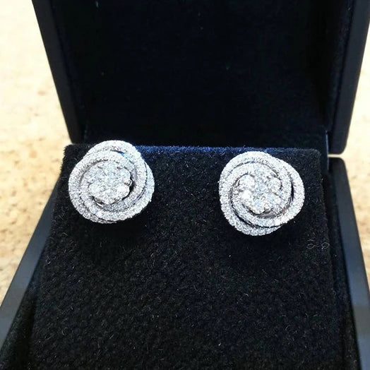 Huitan New Trendy Sliver Plating Cubic Zircon Earrings Women Ladies Round Flower Stud Earrings for Bridal Wedding