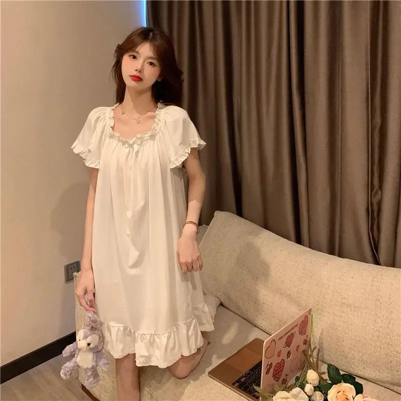 New Women's Loose and Lovely Nightdress Solid Color Milk Silk Short Sleeved Pajamas