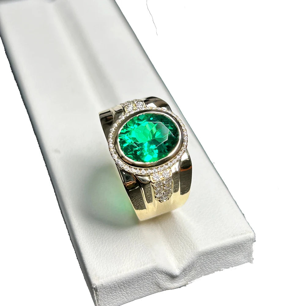 18K Solid Yellow Gold  Oval 9.5X11.5MM 4 Carat Lab Emerald and Moissanite Stone Man Ring