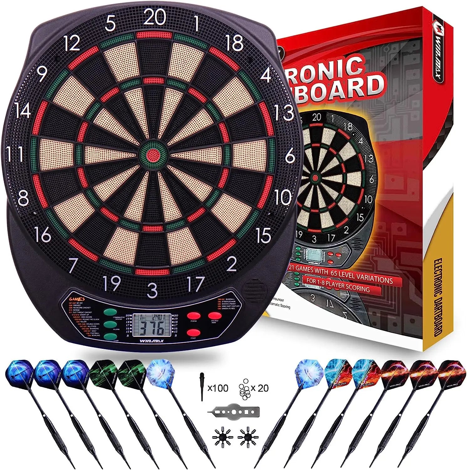 Win.max Professional Electronic Dartboard Set 6 Darts 40 Spare Tips CE Certified Battery/Adapter Powered for Home Commercial Use