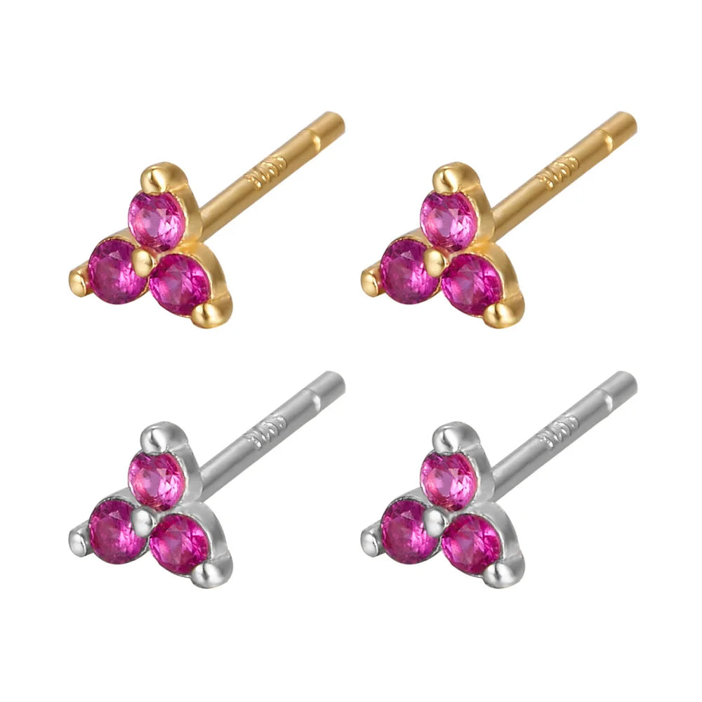 Women's Nano CZ 3 Stones Flower Stud Earrings Gold Plated Wholesale Sterling Silver 925 Jewelry