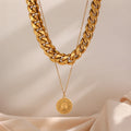 Punk Hip Hop Jewelry Stainless Steel Jewelry Sun Engraved Disc Coin Circles Round Chunky Cuban Link Chain Pendant Necklace Sets
