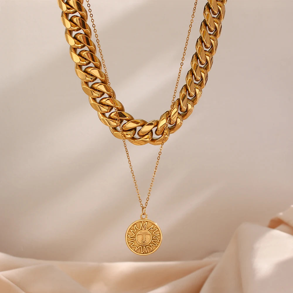 Punk Hip Hop Jewelry Stainless Steel Jewelry Sun Engraved Disc Coin Circles Round Chunky Cuban Link Chain Pendant Necklace Sets