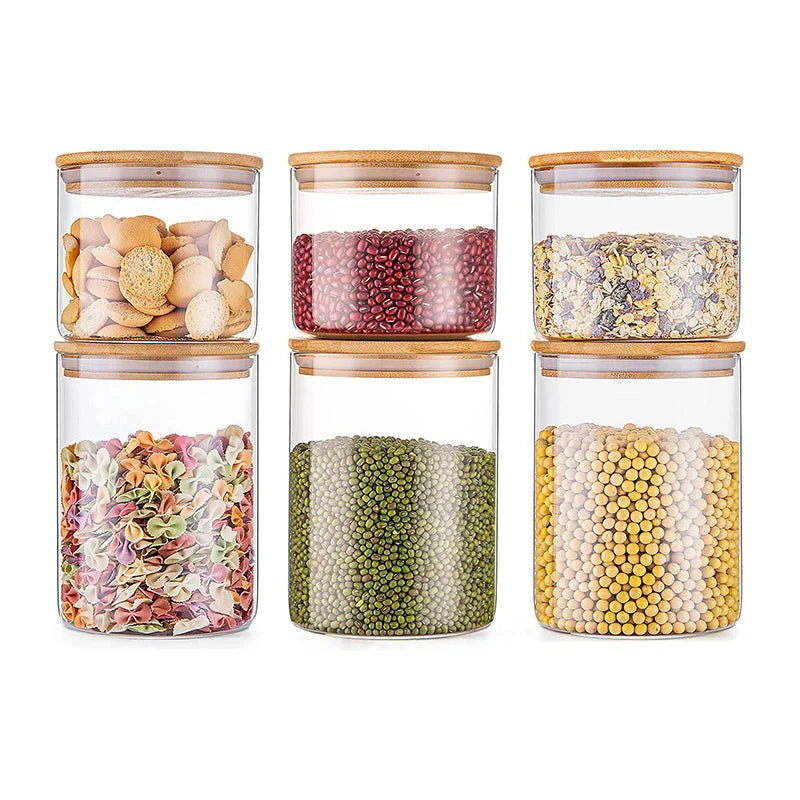 Kitchen Eco-Friendly Borosilicate Cookie Candy Honey Round Clear Food Airtight Glass Jars with Bamboo Wooden Lids