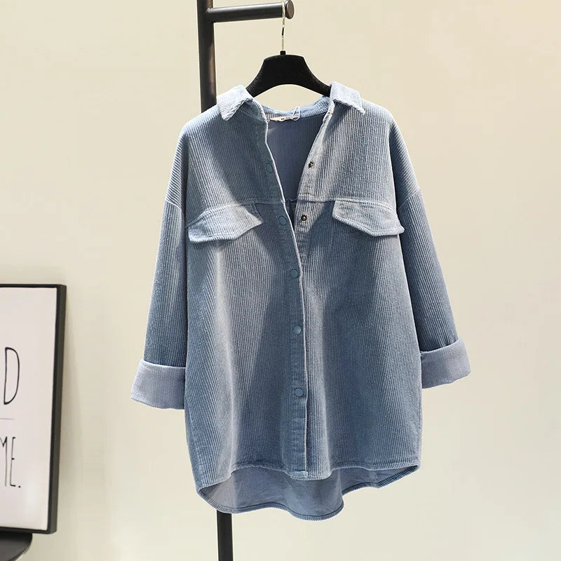 Boutique Wholesale 2025 Spring New Fashionable Corduroy Long Sleeved Medium Long Casual Women's Shirt