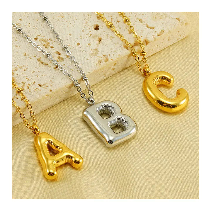 HOVANCI Gold Plated Stainless Steel Chunky Alphabet Chubby Helium Balloon Initial Letter Pendant Necklace for Women Boy