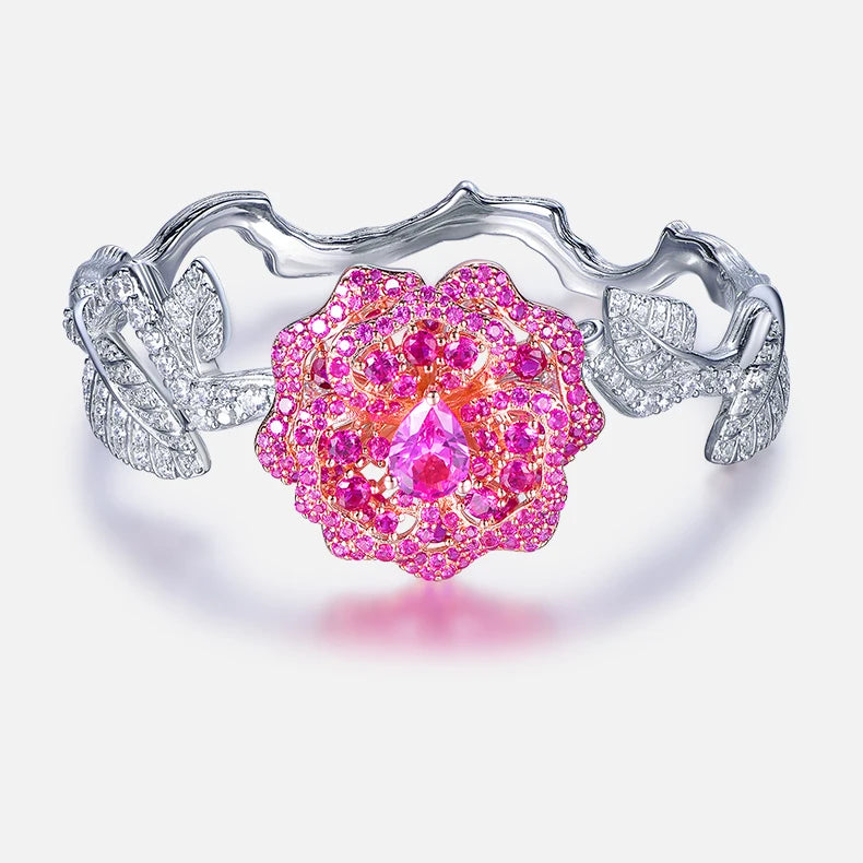 HanYu Jewelry S925 Silver Lab Grown Ruby Bangle Wholesale Women Luxury Rose Red Flower Charm Bracelet