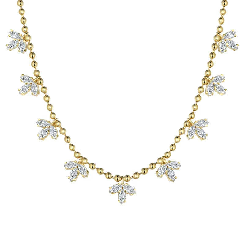 925 Sterling Silver Gold Plated Beads Chain Cubic Zircon Leaf Necklace for Women