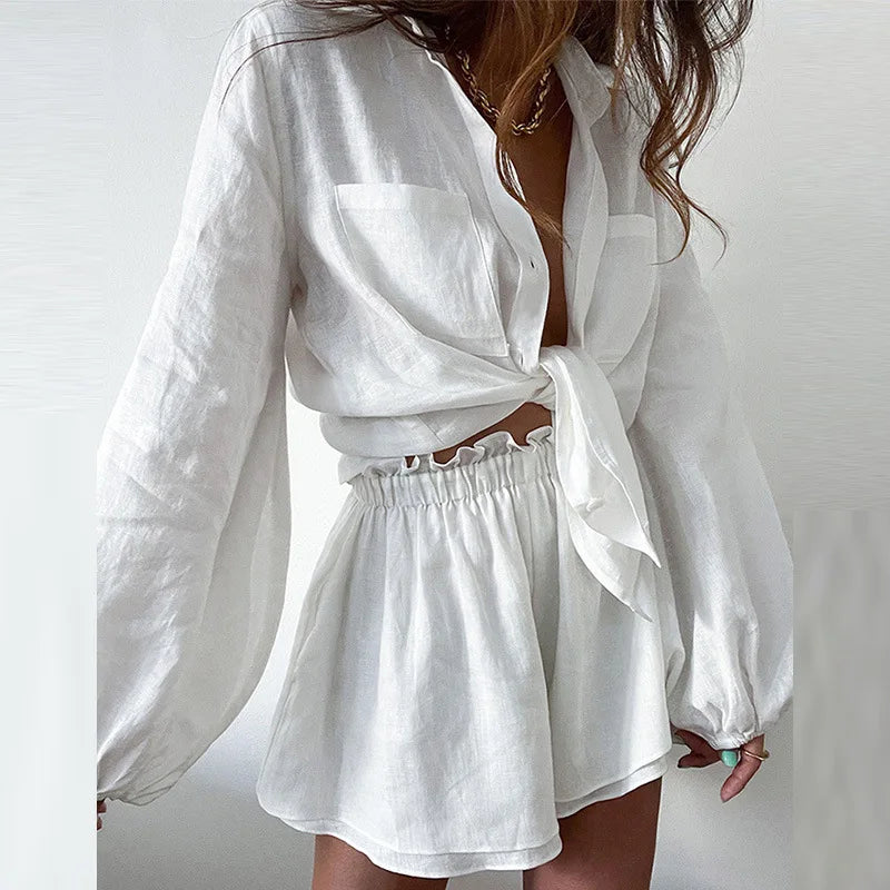 Summer Outfit Elastic Waist Shorts Suits Cotton 2 Pieces Cozy Lapel Lantern Sleeve Shirt Casual Shorts Sets