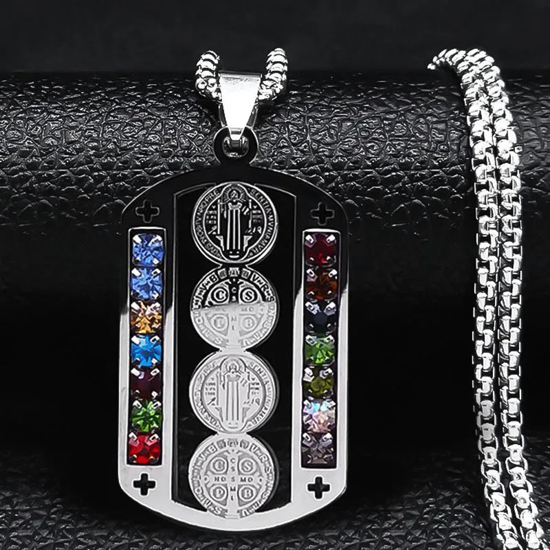 Stainless Steel Saint Benedict Medal Pendant Necklace Cross-Border Hip Hop Style Oval Crystal Christian Catholicism Jesus Zircon