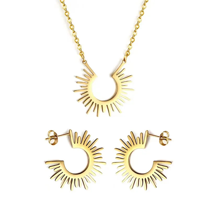 Gold Stainless Steel Sun Flower Necklace Earrings Jewelry Set 18K PVD Plated Simple Fashion Design Ins Hot Sale Factory Price