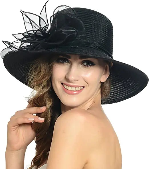 Fashion Women Mesh Kentucky Derby Church Hat With Floral Wide Brim Wedding Party Hats MegaBDM