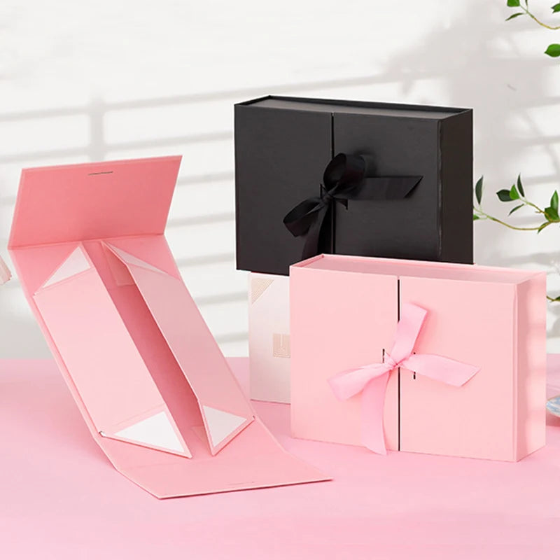 Double Door Flip Open Magnetic Gift Boxes Folding Hard Custom Printed Cosmetic Paper Packaging Boxes with Ribbon
