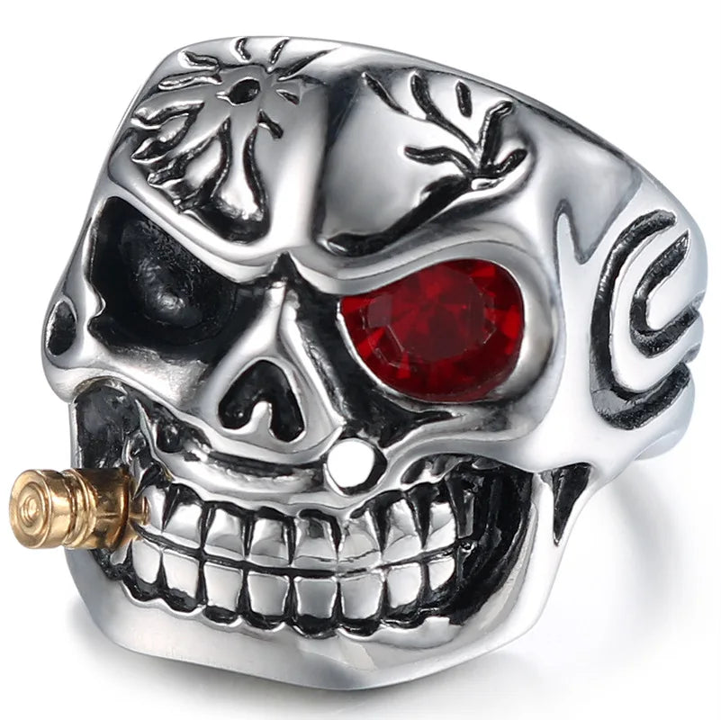 Retro Ruby One Eyed Skull Ring Classical Hip-Hop Punk Men Domineering Titanium Steel Rings