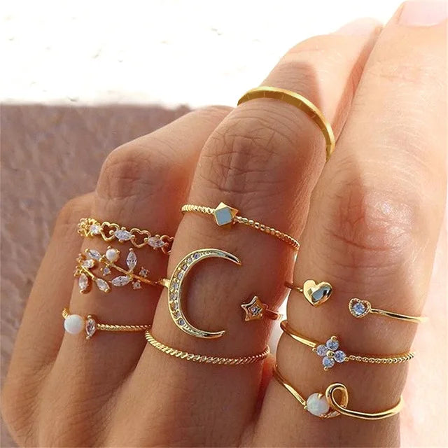 Stackable Dainty Boho Rings Set Moon Flower Leaf Wave Rings 10 Pieces  Knuckle Open Rings Set Accessory
