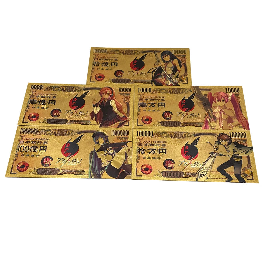 5 Type Japanese Classic Gold Anime Banknote Akame Ga KILL Banknote Japan Cartoon Tickets Memory Collection Cards