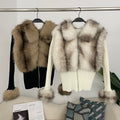 OFTBUY 2025 Women's Winter Autumn Coat Casual Real Fox Fur Turn-Down Collar Solid Short Knitted Jacket Outwear Sweater Zipper