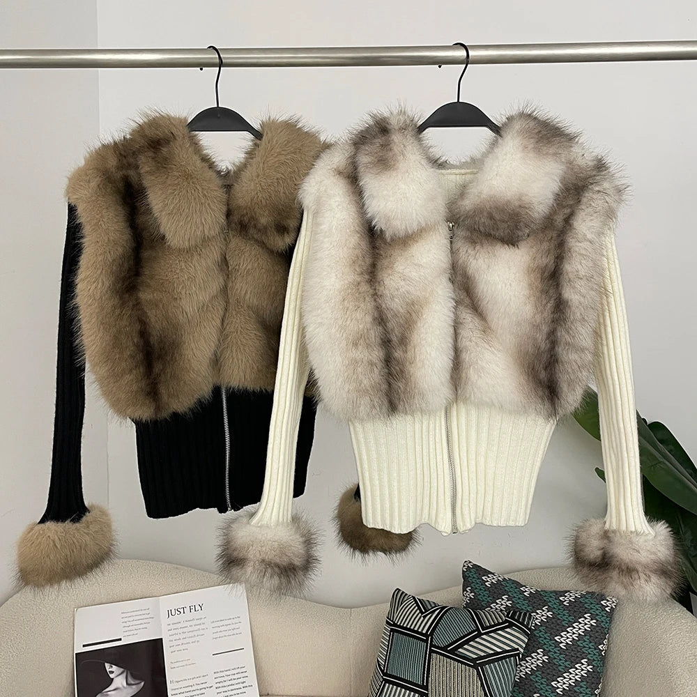 OFTBUY 2025 Women's Winter Autumn Coat Casual Real Fox Fur Turn-Down Collar Solid Short Knitted Jacket Outwear Sweater Zipper