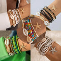 Summer Beach Boho Beads Starfish Pendant Bracelets Anklets 7 Layered Shell Seed Beaded Bracelets Set for Women Girls