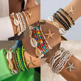 Summer Beach Boho Beads Starfish Pendant Bracelets Anklets 7 Layered Shell Seed Beaded Bracelets Set for Women Girls