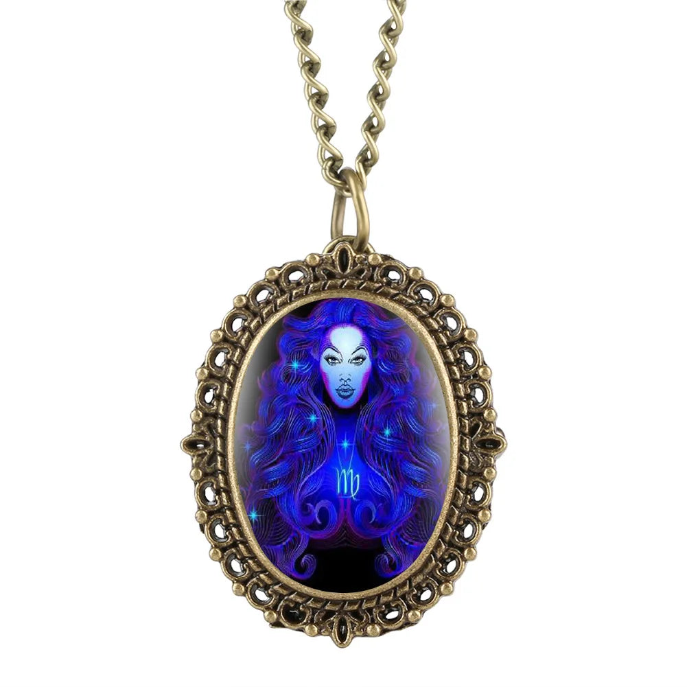 Antique Cameo Style Jewelry Accessories Necklace Clock 12 Zodiac Signs Bronze Quartz Pocket Watches With Chain