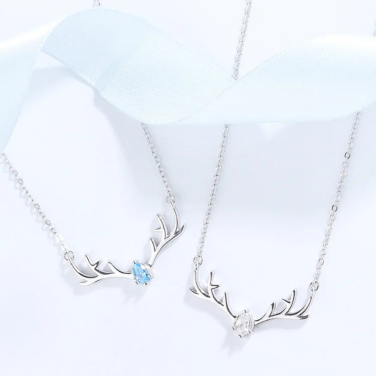 Sterling Silver CZ Blue Crystal Stone Deer Antler Pendant Fashion Necklace