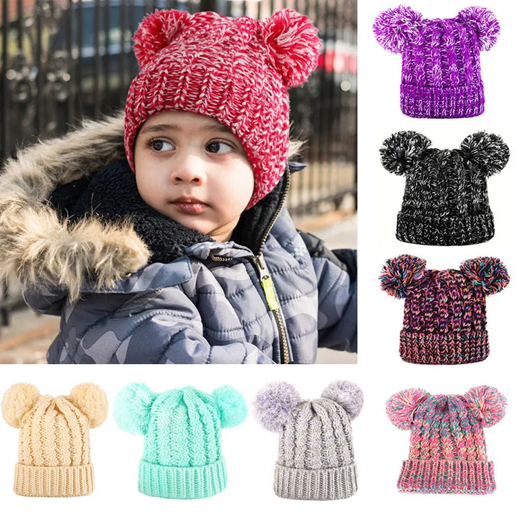 Kids Toddlers Winter Warm Knit Double Pom Pom Bobble Beanie Hat for 1-3 Years Baby Girls and Boys