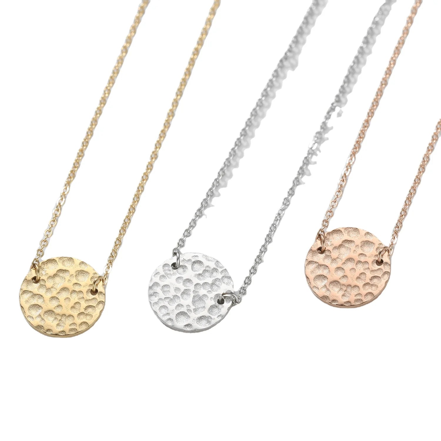 EManco New Stainless Steel Necklace with Simple Round Hammer Pattern Pendant and Lettering
