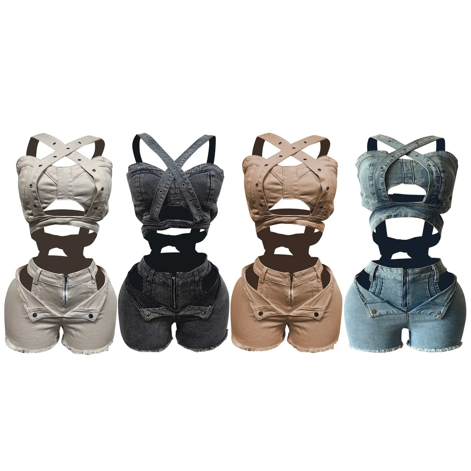 Women Two Pieces Suit Tracksuit Sexy Denim Sleeveless Hollow Out Crop Top Mid Waist Hot Shorts Women Casual 2 Pieces Set